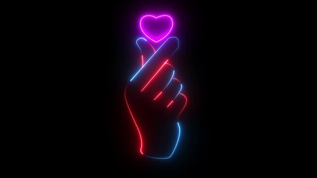 Neon finger heart sign.finger heart hand gesture with glowing neon effect, symbolizing love and affection. Perfect for Valentine&rsquo;s Day, romance themes, K-pop culture, modern design, projects.