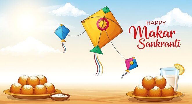 Colorful kites fly above laddu and milk for Makar Sankranti festival celebration