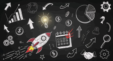 Creative chalkboard illustration of a business startup strategy, featuring a launch rocket, financial charts, and planning icons.