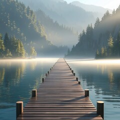 Naklejka premium Serene Morning Mist Over a Lake with a Wooden Dock