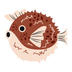 Pufferfish fugu. Cute tropical blowfish, flat cartoon exotic puffer marine animal, ocean fauna character, exotic delicacy seafood. Vector isolated  illustration