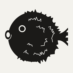 Pufferfish silhouette. Black fugu fish icon for logo design, minimalist puffer fish shape, modern monochrome sea animal blowfish art. Vector illustration
