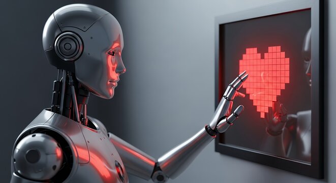 Robot Touching Digital Heart  AI Love Concept Art Futuristic Technology Illustration Emotional Connection Artificial Intelligence Image