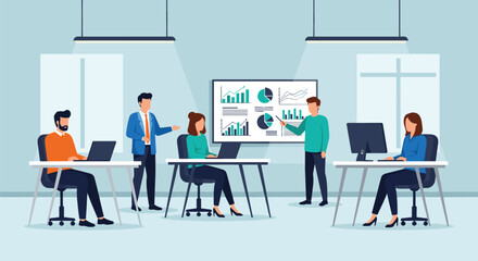 Business Team Collaborating on Data Analysis in Modern Office Environment