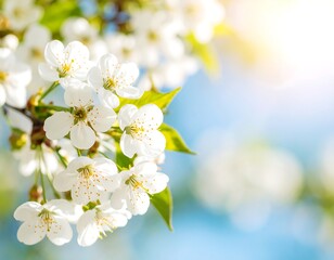 Obraz premium Delicate white blossoms on a spring branch against a soft blue sky