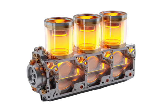 Engine cross-section, glowing cylinders