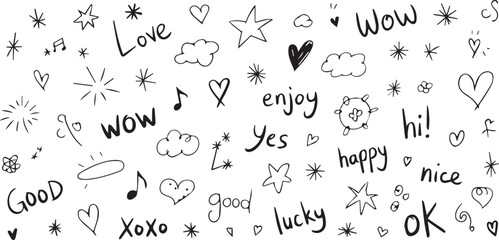abstract doodle vector elements hearts stars clouds spirals music notes typography and upbeat words for modern minimalist designs