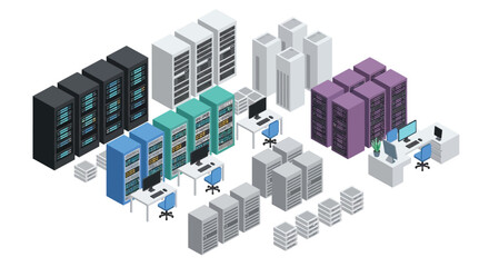 Isometric server room data center cloud computing illustration