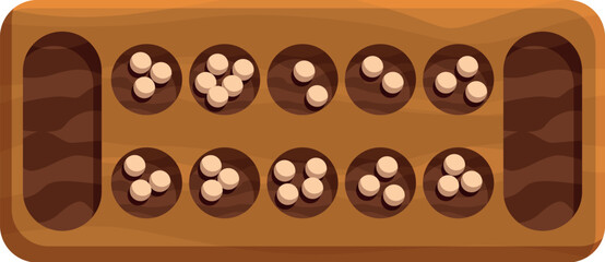 Mancala board game in progress, featuring white playing pieces nestled in its wooden compartments, ready for the next strategic move