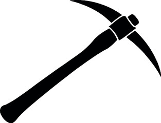 A black and white illustration of a pickaxe tool with a wooden handle and a sharp metal head design