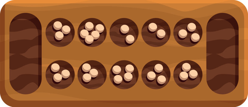 Mancala board game in progress, featuring white playing pieces nestled in its wooden compartments, ready for the next strategic move