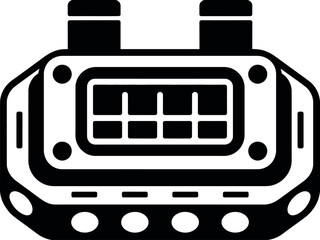 A black and white graphic illustration of a digital device with a screen and two cylindrical posts