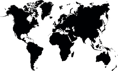 A black and white world map showing the continents in silhouette against a white background view from above