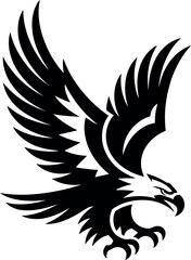 A stylized black and white illustration of an eagle with its wings spread in a dynamic pose design