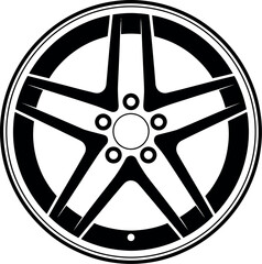 A black and white illustration of a car wheel rim with five spokes and circular bolt pattern design style