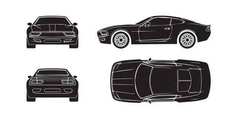 sleek sports car design orthographic projection auto vector ai eps jpeg png front side rear top views