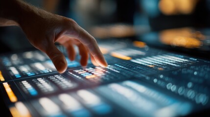 Close focused view of a users hand selecting taxonomy elements on a complex digital interface while the rest of the control panel remains softly out of focus.