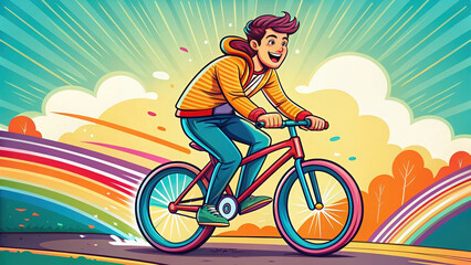 Fototapeta premium Joyful Cyclist A Young Man Rides a Bicycle with a Rainbow Trail in a Sunny and Colorful Landscape