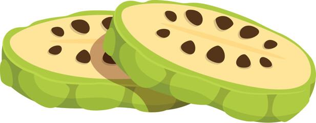 Cherimoya slices isolated on white background, showing seeds and green rind, ready to be enjoyed