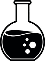 A black and white illustration of a round bottom flask filled with a dark liquid and some bubbles inside