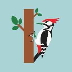 Fototapeta premium Woodpecker on tree trunk with green leaves against a light blue background.