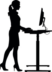 Silhouette of a woman working at a standing desk with a computer in a minimalist style image design