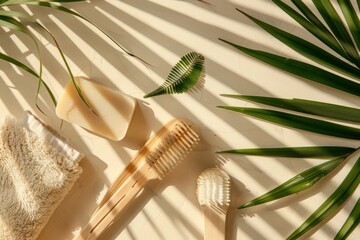 Serene Eco-Friendly Bathroom Scene Featuring Natural Soap Wooden Comb Brush and Palm Leaves with Playful Shadows Creating a Spa Like Atmosphere