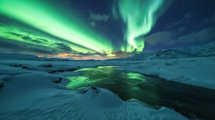 Fototapeta premium Magical Aurora Borealis over Icy River Winter Wonderland Northern Lights Display Breathtaking Night Sky Starry Landscape