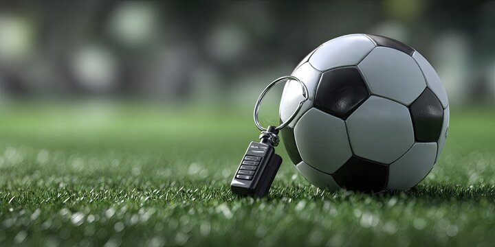 Soccer ball and key ring on artificial turf - Powered by Adobe