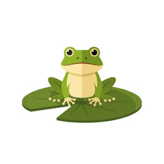 A green frog sits on a lily pad illustration against a white background.