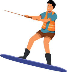 Wakeboarder enjoying water sport, holding handle, balancing on board, having fun on summer vacation