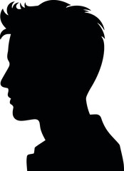 A silhouette of a man's head and shoulders in profile with a stylish haircut against a white background