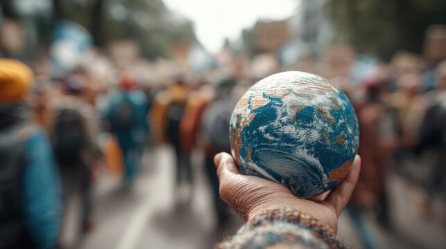 Hand holding a small globe with blurred crowd of protestors marching in the background for climate change, global warming and environmental issues - Powered by Adobe