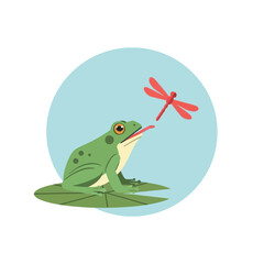 Fototapeta premium Green frog on lily pad catches red dragonfly with long tongue illustration.