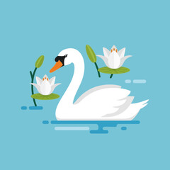 Naklejka premium White swan swimming in water with water lilies on a blue background.