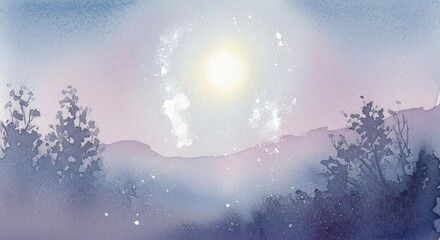 Ethereal watercolor landscape with glowing sun and misty trees
