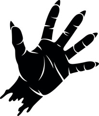 A black silhouette of a hand with long pointed fingernails against a white background in a vector art style