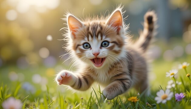 a portrait of a cute kitten in a field of flowers, realistic, close-up, high definition, detailed, soft lighting, warm tones, adorable expression, playful, curious, whimsical, lush foliage.