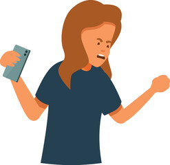 Young woman arguing while holding smartphone, expressing negative emotions