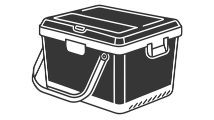 A simple black and white illustration of a cooler with a handle and a closed lid on a white background