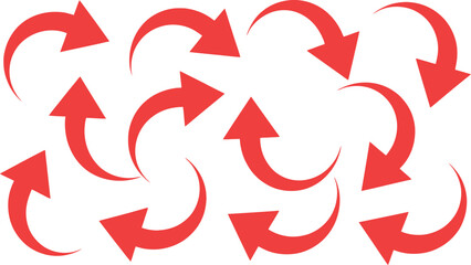 A pattern of multiple red curved and straight arrows pointing in different directions on a white background