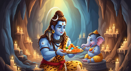 Lord Shiva offers sweets to baby Ganesha in cave with candles