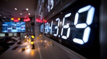 Close medium shot of a countdown timer starting the numbers crisp and clear while blurred emergency signage and busy control room fade into the background.