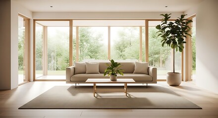 Bright Minimalist Living Room with Large Windows and Neutral Tones Featuring a Beige Sofa, Rug, and Indoor Plants