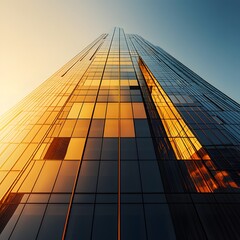 Contemporary Skyscraper with Golden Sunlight Reflections on Glass Panels, modern office building at sunset