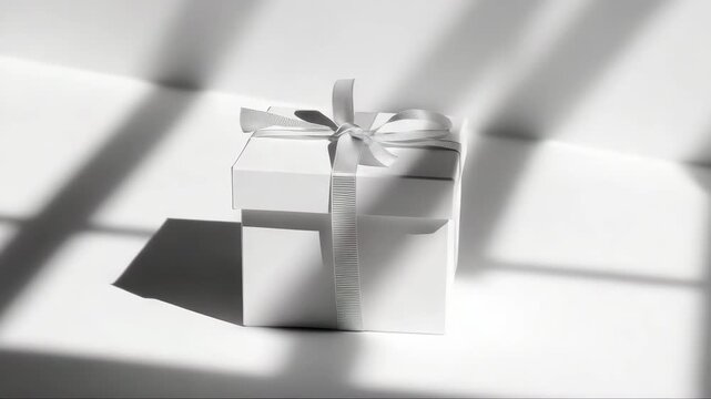 White gift box with ribbon on light surface and shadow play  