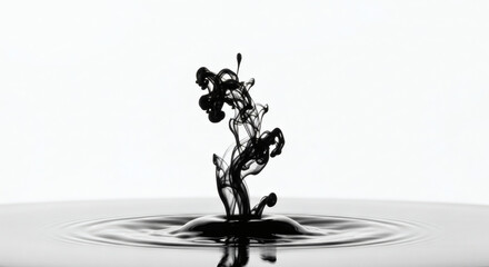 An elegant abstract sculpture of black ink swirling in clear water, isolated on white.