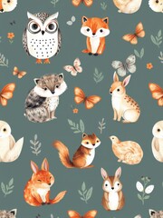 Obraz premium Charming watercolor woodland creatures and butterflies seamless pattern on a dark green background
