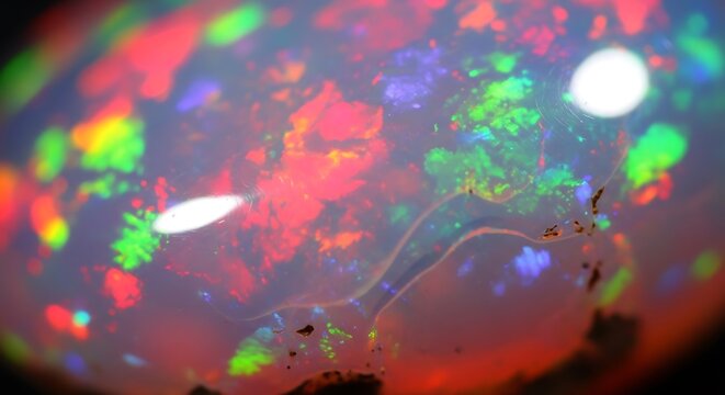 Close-up macro view of a vibrant black opal displaying a mesmerizing play-of-color with fiery reds greens blues and yellows an ethereal gemstone with iridescent swirling patterns