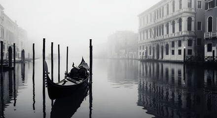 Venice Gondola Canal Foggy Morning Black and White Landscape Photography Scenic Italian Travel Image Stock Photo